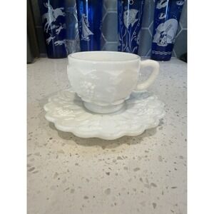 Westmoreland Paneled Grape Tea Cup And Saucer Mid Century Depression Milk Glass